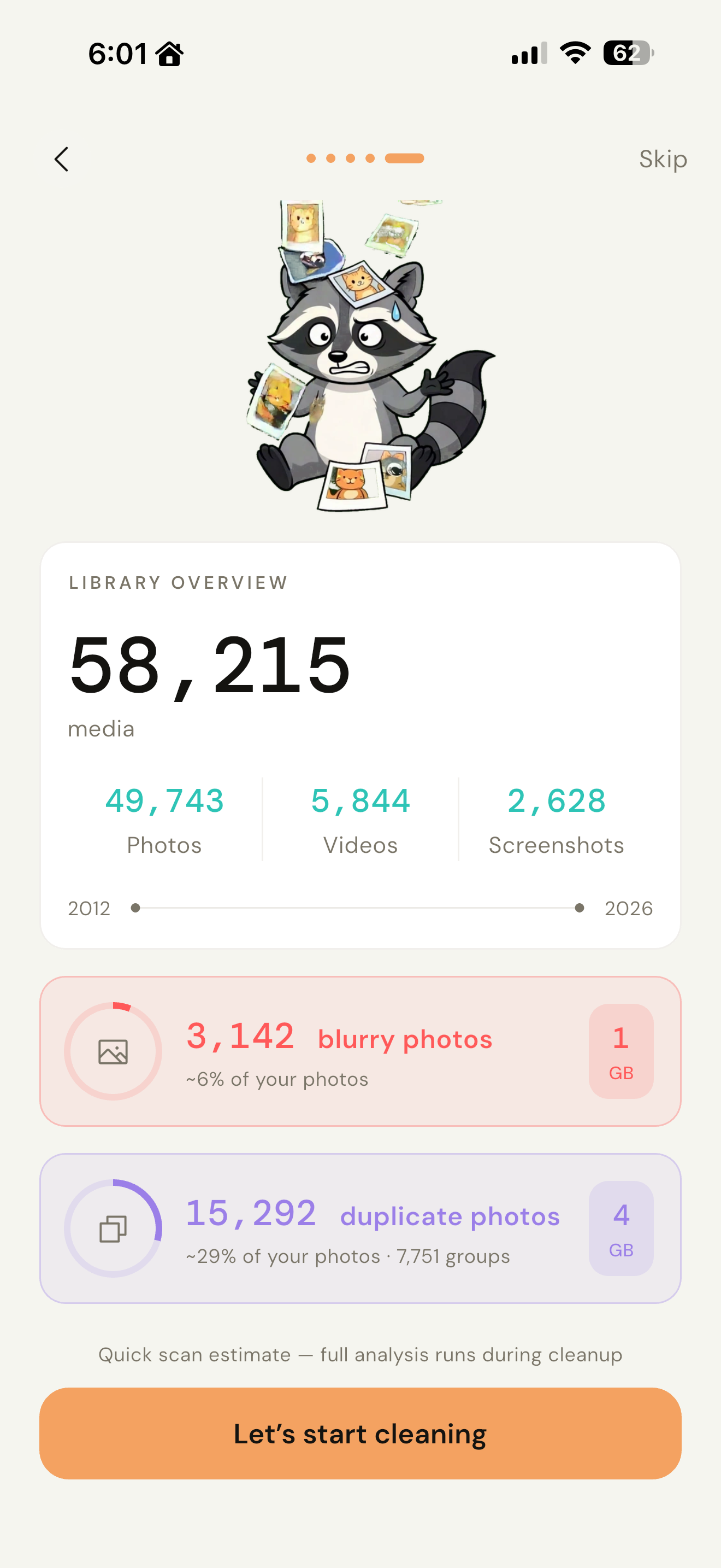 Library overview with cleanup stats